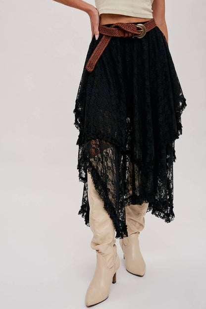Lace Tiered Skirt - Black - Size small