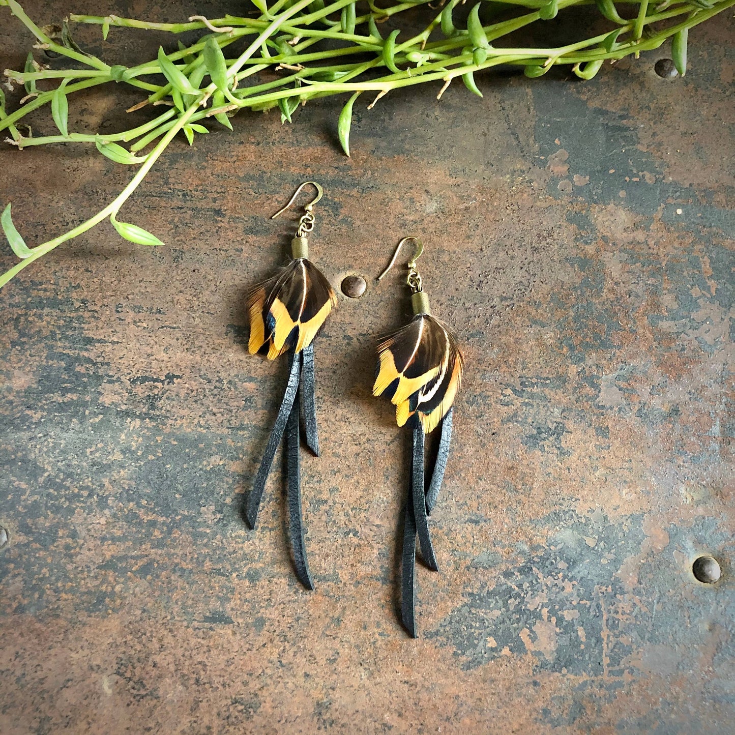 Feather Earrings - Black Leather & Pheasant Feathers