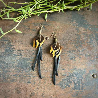 Feather Earrings - Black Leather & Pheasant Feathers