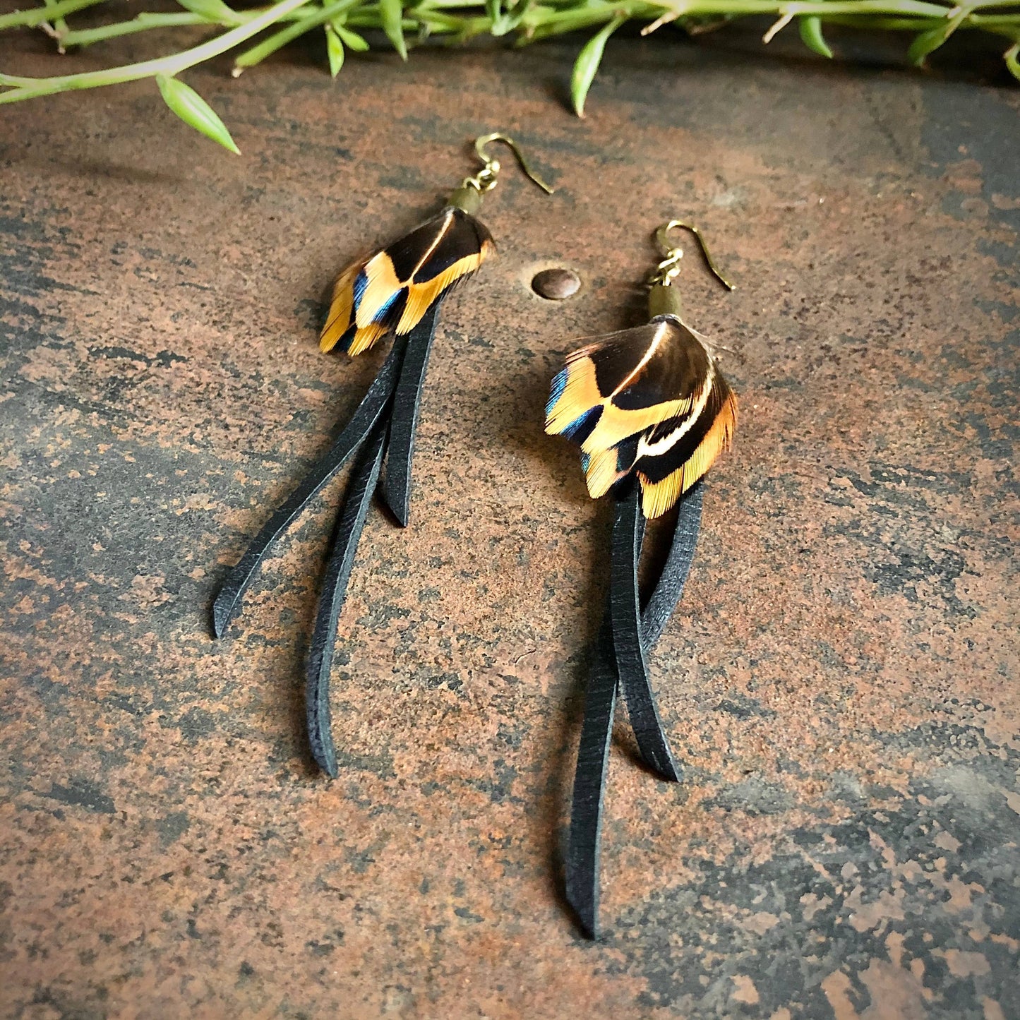 Feather Earrings - Black Leather & Pheasant Feathers