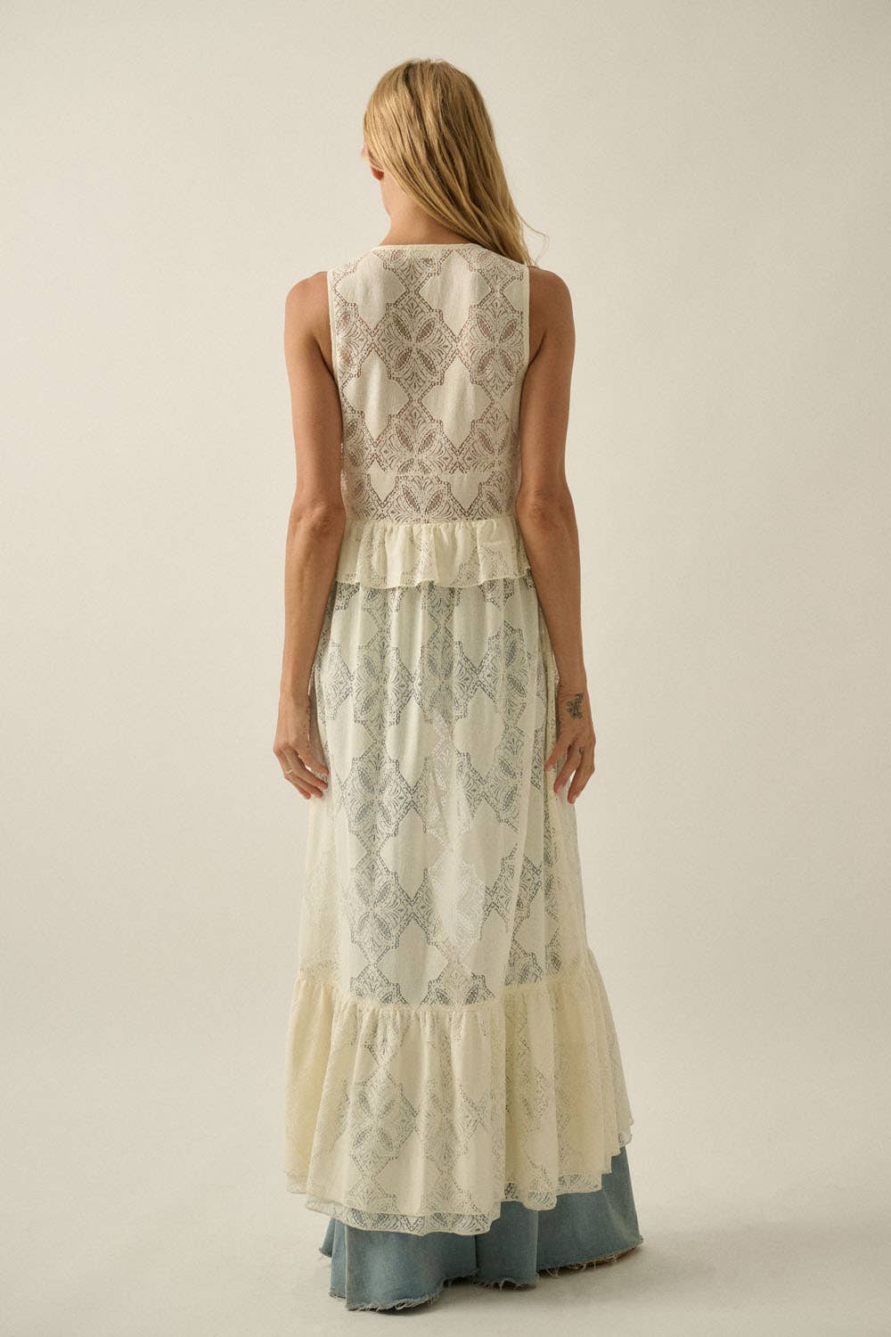 Floral Lace Ruffled Tie-Front Sleeveless Maxi Top