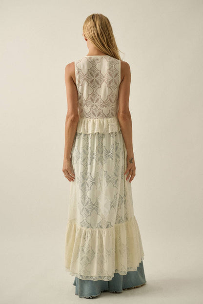 Floral Lace Ruffled Tie-Front Sleeveless Maxi Top