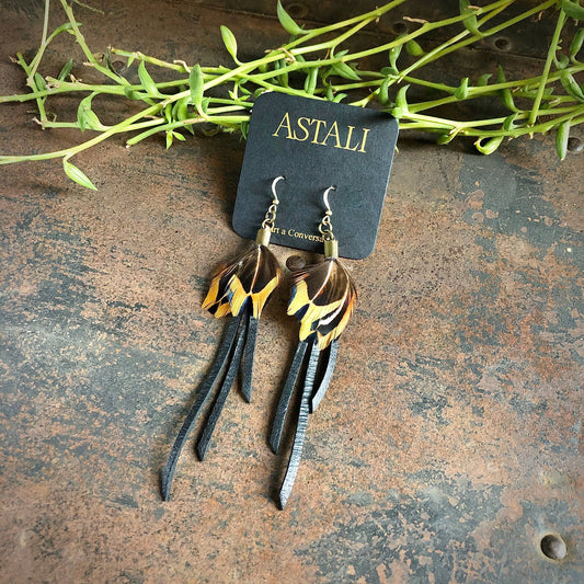 Feather Earrings - Black Leather & Pheasant Feathers