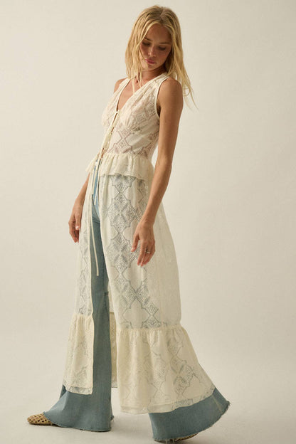 Floral Lace Ruffled Tie-Front Sleeveless Maxi Top