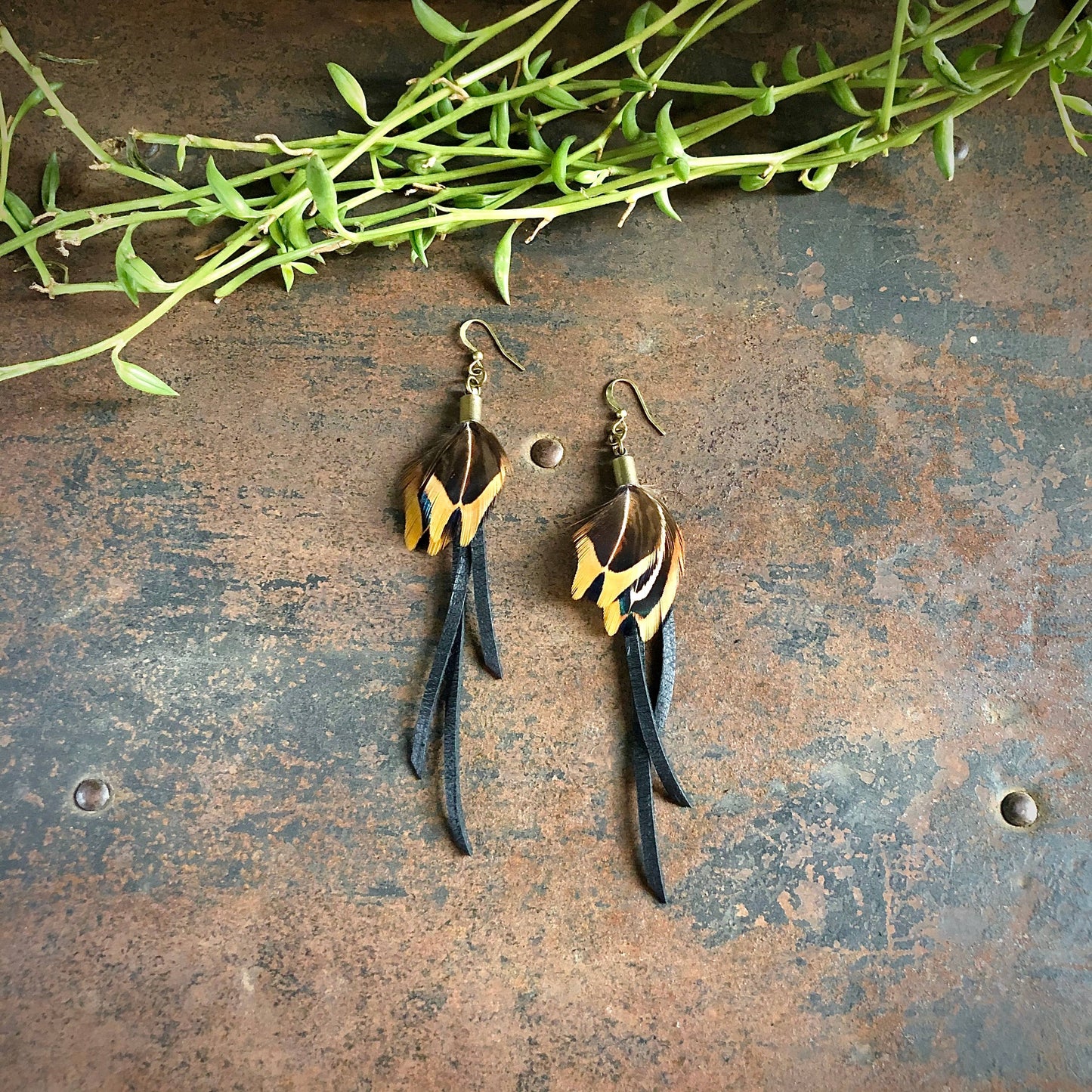 Feather Earrings - Black Leather & Pheasant Feathers