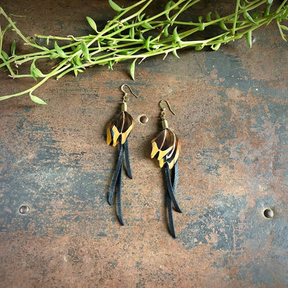 Feather Earrings - Black Leather & Pheasant Feathers