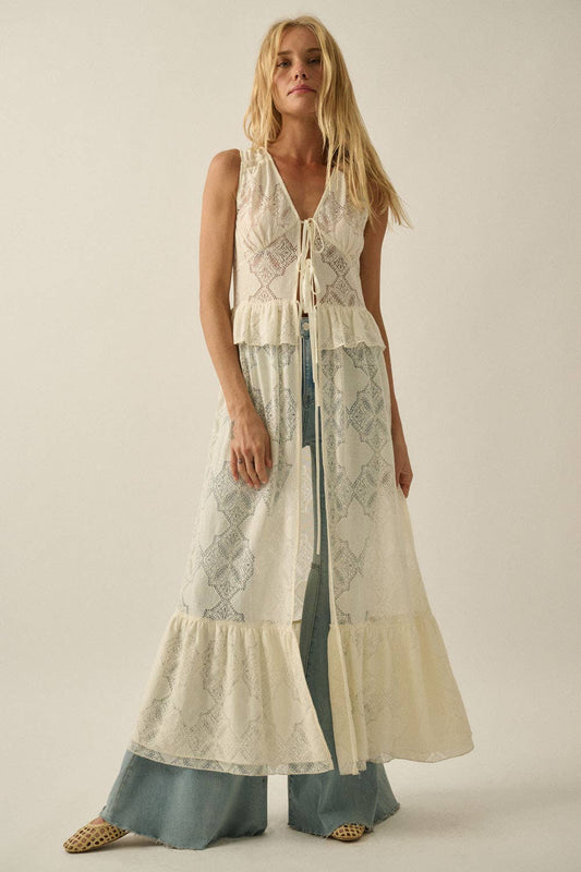 Floral Lace Ruffled Tie-Front Sleeveless Maxi Top