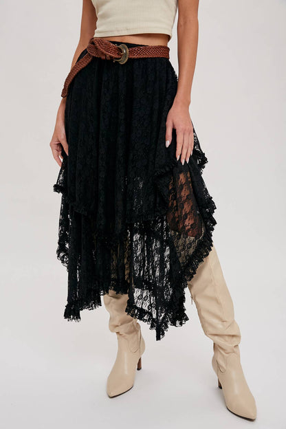 Lace Tiered Skirt - Black - Size small