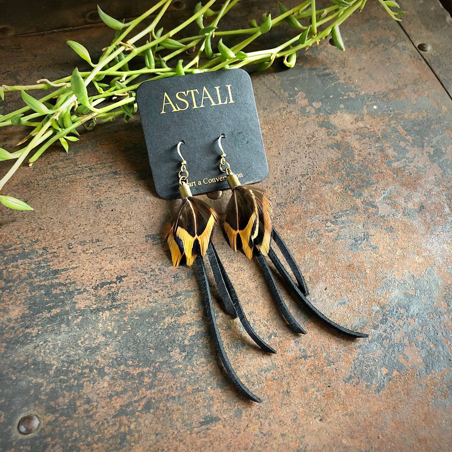 Feather Earrings - Black Leather & Pheasant Feathers