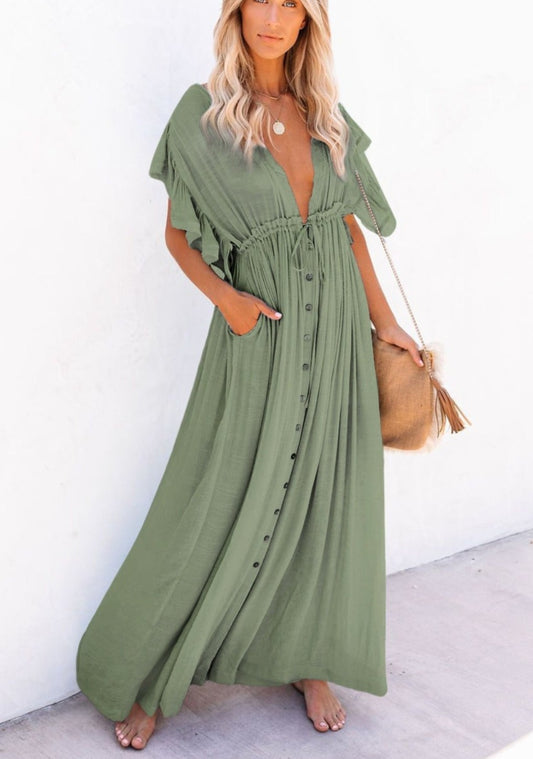 Celery Green Ruffle Tie & Button Front Cover Dress