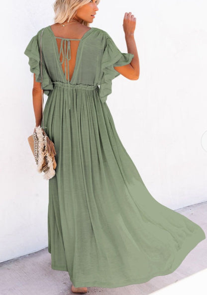 Celery Green Ruffle Tie & Button Front Cover Dress