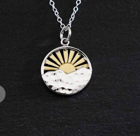 Sterling Silver Moutains w/Bronze Sun Necklace