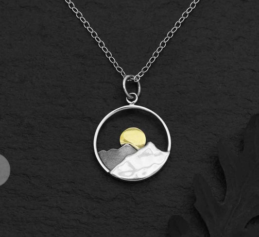 Sterling Silver Mountains & Bronze Sun Necklace