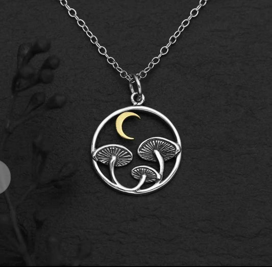 Sterling Silver & Bronze Moon & Mushroom Necklace