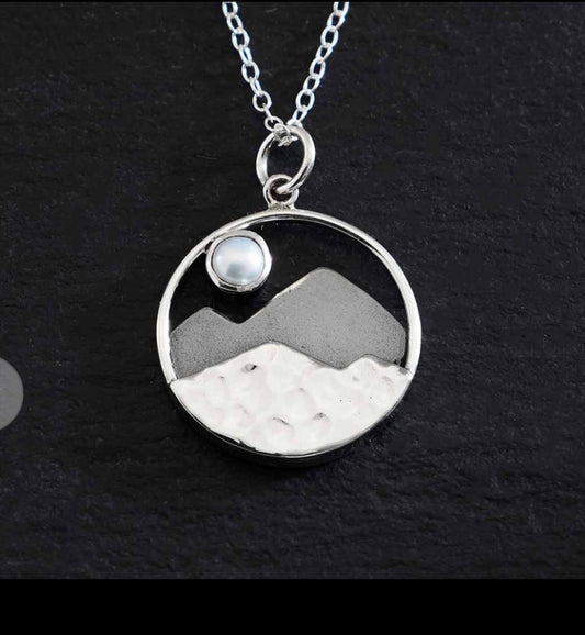 Sterling Silver Mountain with Pearl Moon Necklace