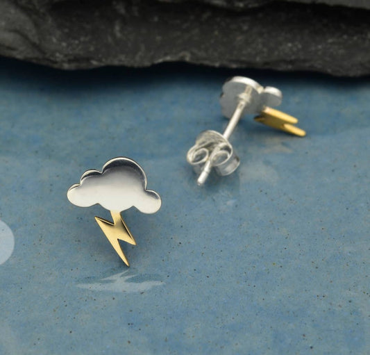 Sterling Silver Cloud & Bronze Lightning Post Earrings
