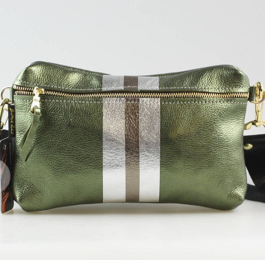 Olive Green, Silver and Pewter Leather Hip/Cross Body Bag