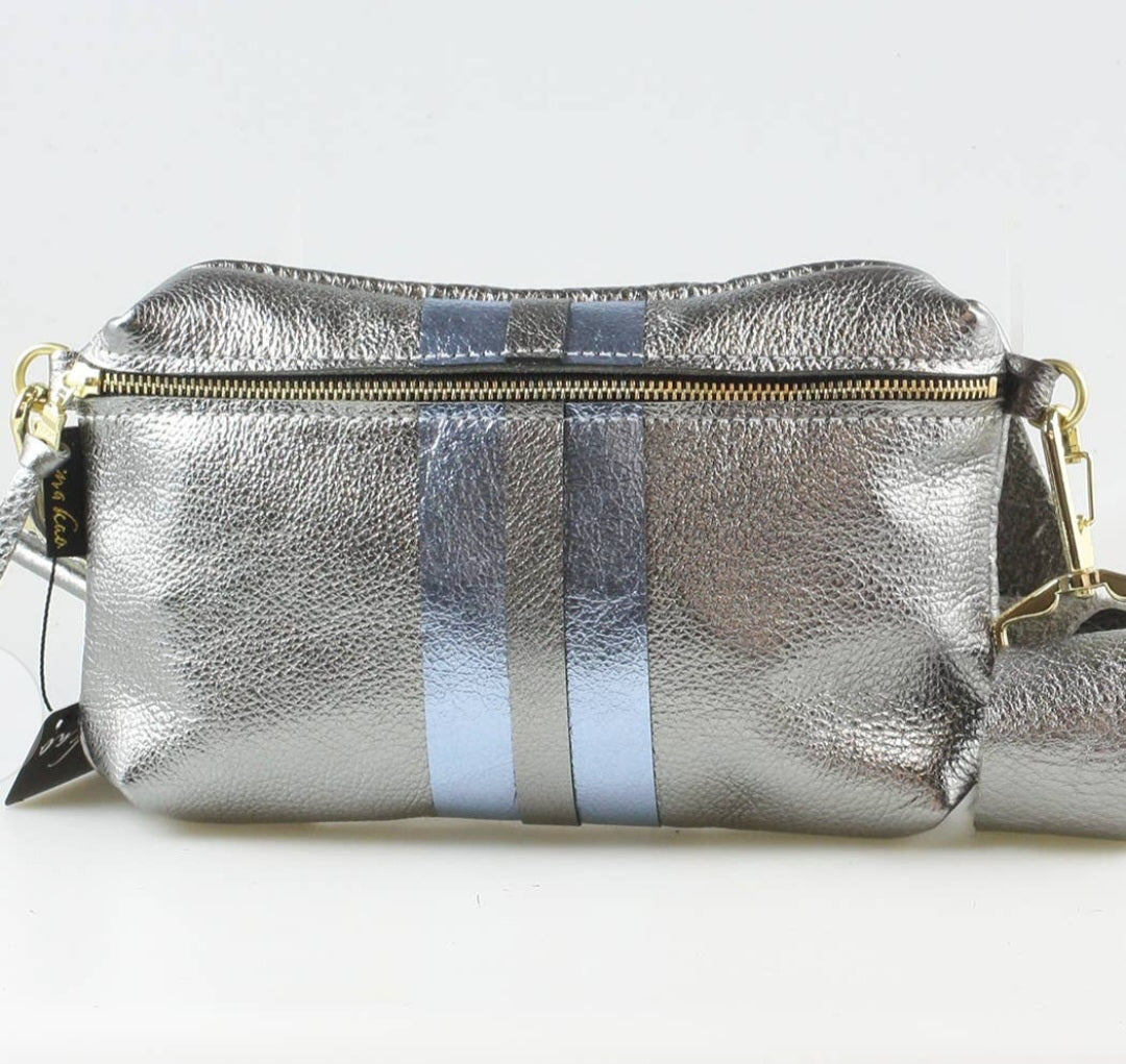 Pewter and Ice Blue Leather Hip/Cross Body Bag