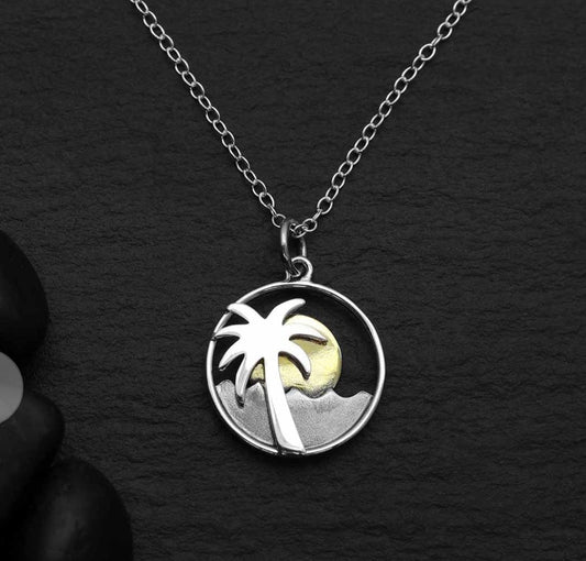 Sterling Silver & Bronze Sun & Palm Tree Necklace