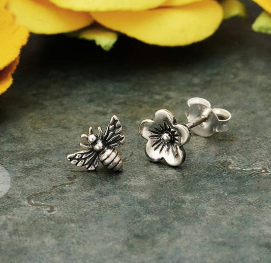 Sterling Silver Cherry Blossom and Bee Post Earrings