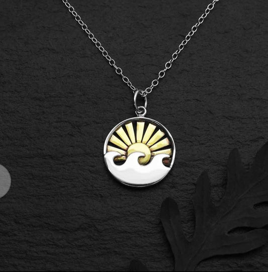 Sterling Silver Wave Necklace w/Bronze Sun