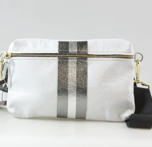 White, Pewter and Silver Leather Hip or Cross Body Bag