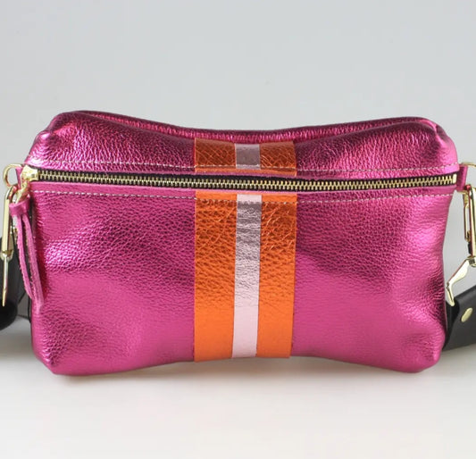 Fuchsia Pink with Rose and Mango Stripes Leather Bag