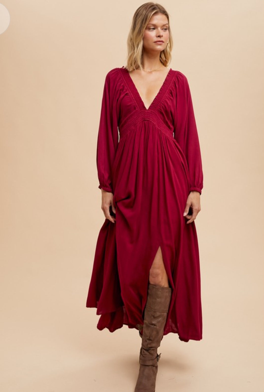 Cranberry Red Deep Plunge Maxi Dress