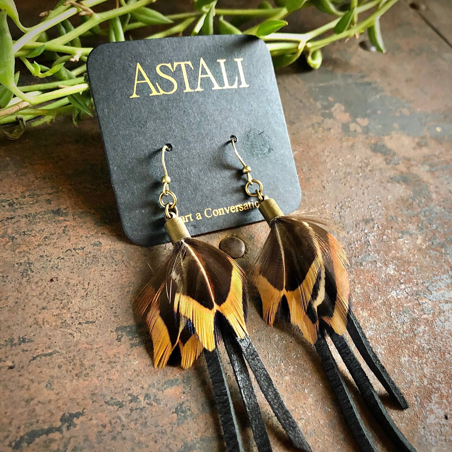 Feather Earrings - Black Leather & Pheasant Feathers