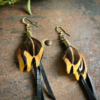 Feather Earrings - Black Leather & Pheasant Feathers