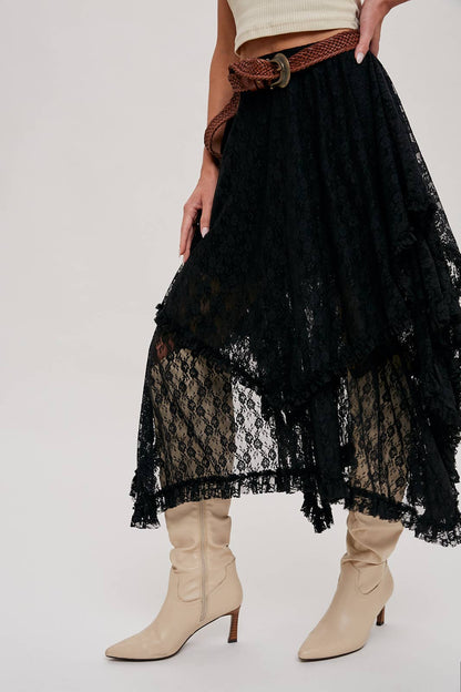 Lace Tiered Skirt - Black - Size small