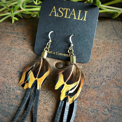 Feather Earrings - Black Leather & Pheasant Feathers