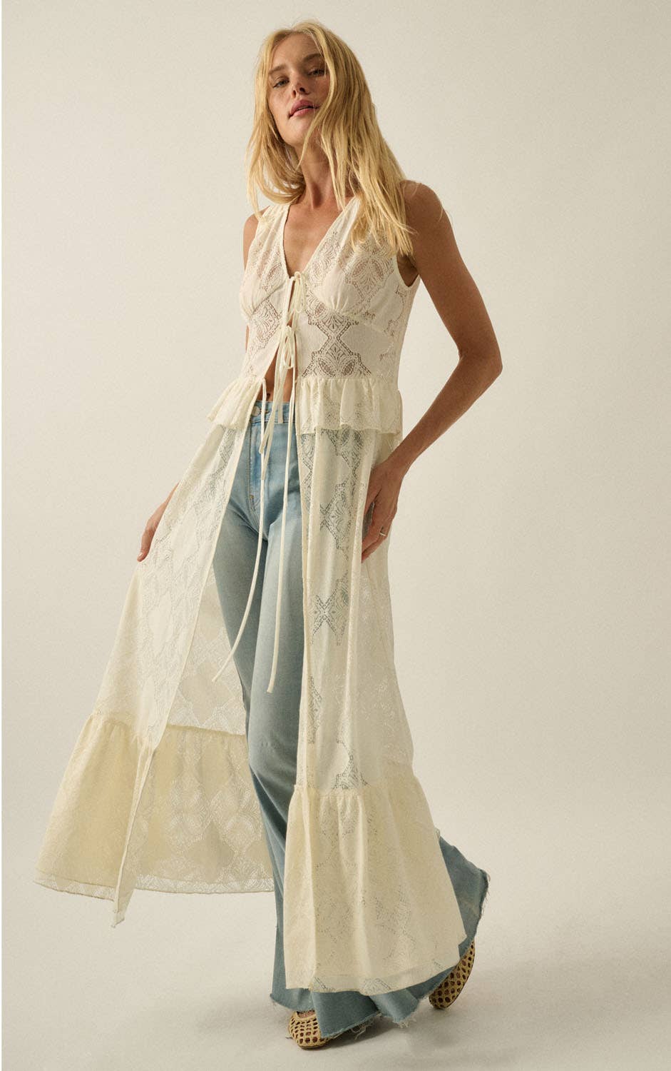 Floral Lace Ruffled Tie-Front Sleeveless Maxi Top