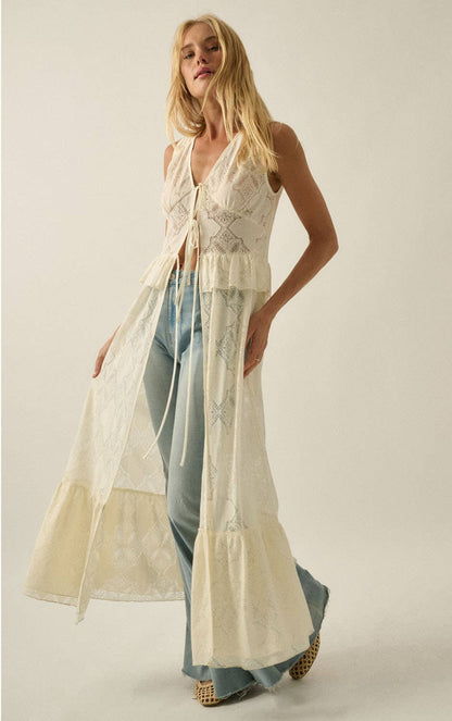 Floral Lace Ruffled Tie-Front Sleeveless Maxi Top